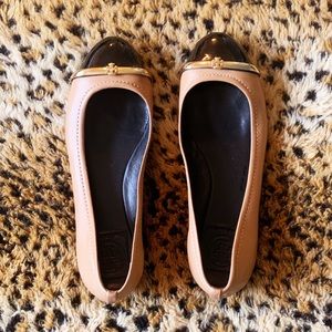 Tory Burch Black & Beige Leather Logo Flats